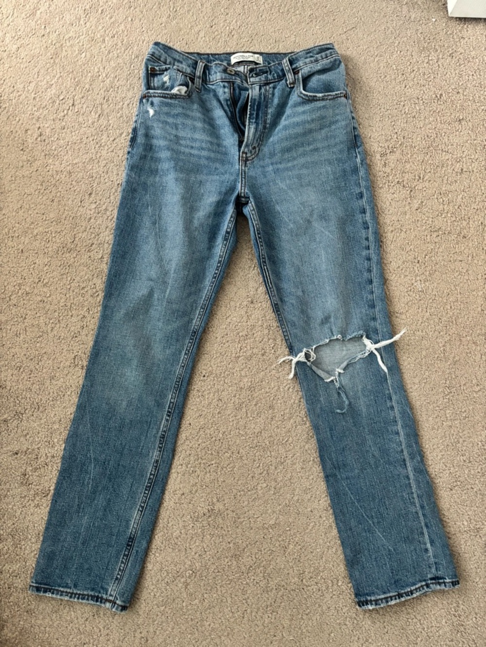 Abercrombie & Fitch Medium Blue Straight-Leg Jeans with Knee Distress